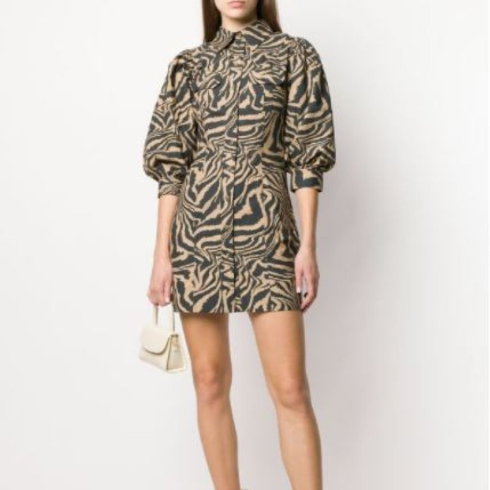 Ganni Swirl Tiger Print Poplin Shirt Dress